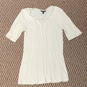 NEW EXPRESS white ribbed fitted t shirt with tie up criss cross short sleeve